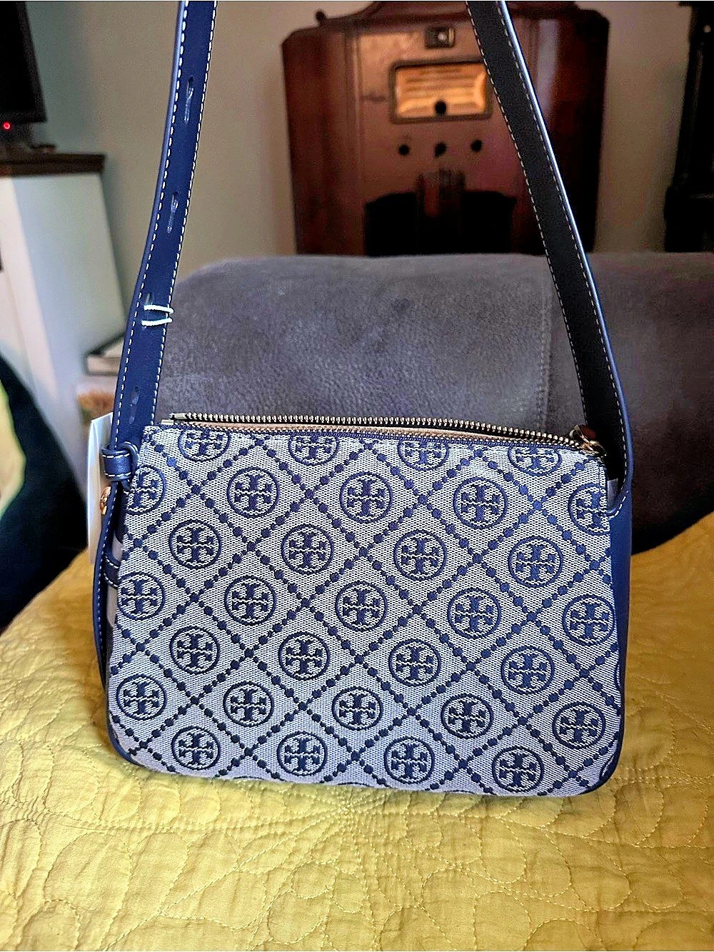 Tory Burch T Monogram Jacquard Shoulder Bag Blue & White